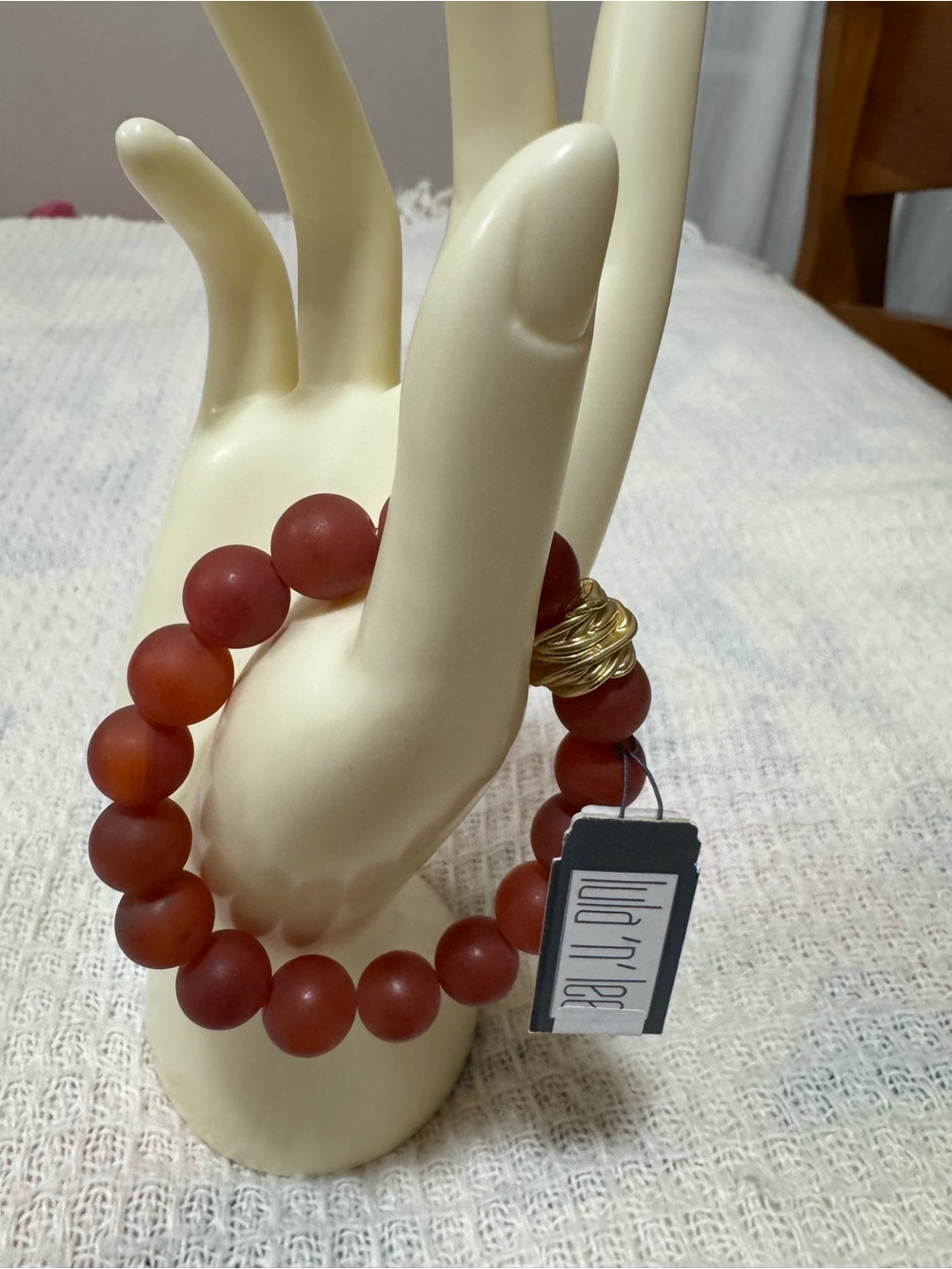 Lula n Lee Matte Carnelian Brick Matte Bead Stretch Bracelet Gold Accent New